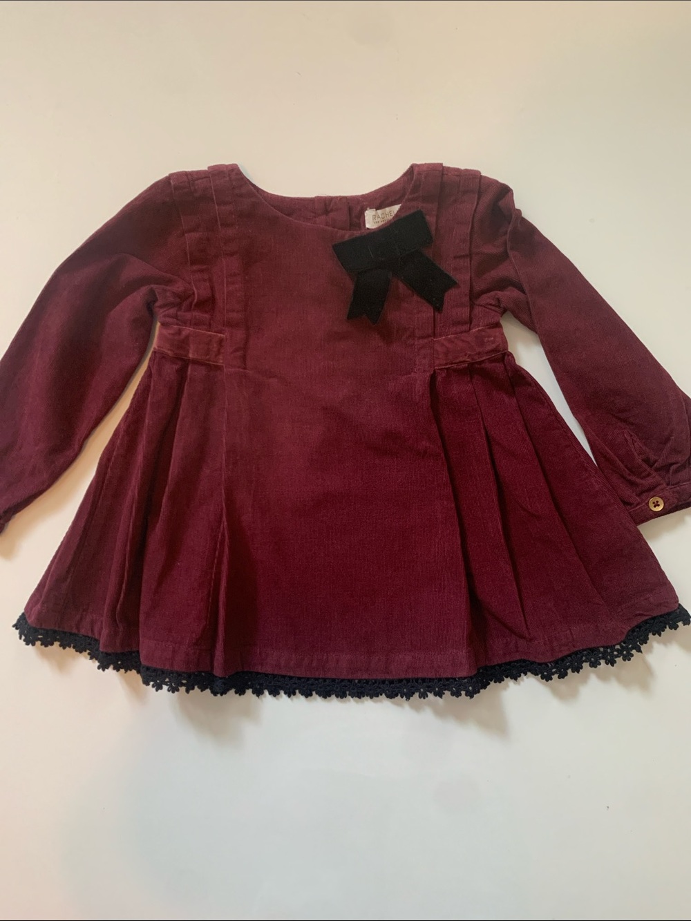 Rachel Zoe Burgundy Corduroy Long-Sleeve Dress with Black Bow Size 18 mo